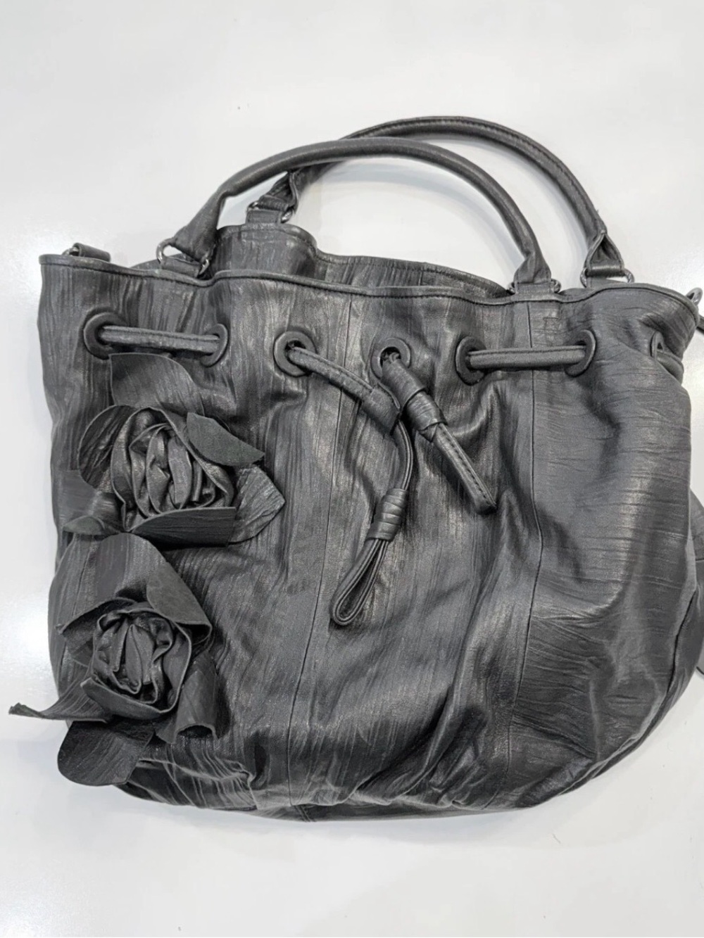 Vince Camuto Black Drawstring Hobo with Floral Rosettes